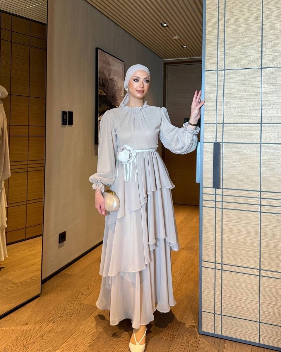 Black/ Beige Tiered Evening Maxi Dress