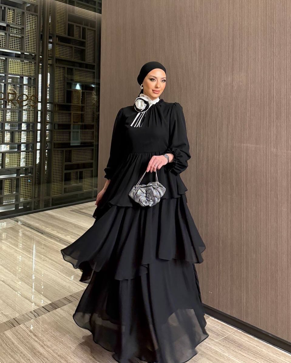 Black/ Beige Tiered Evening Maxi Dress