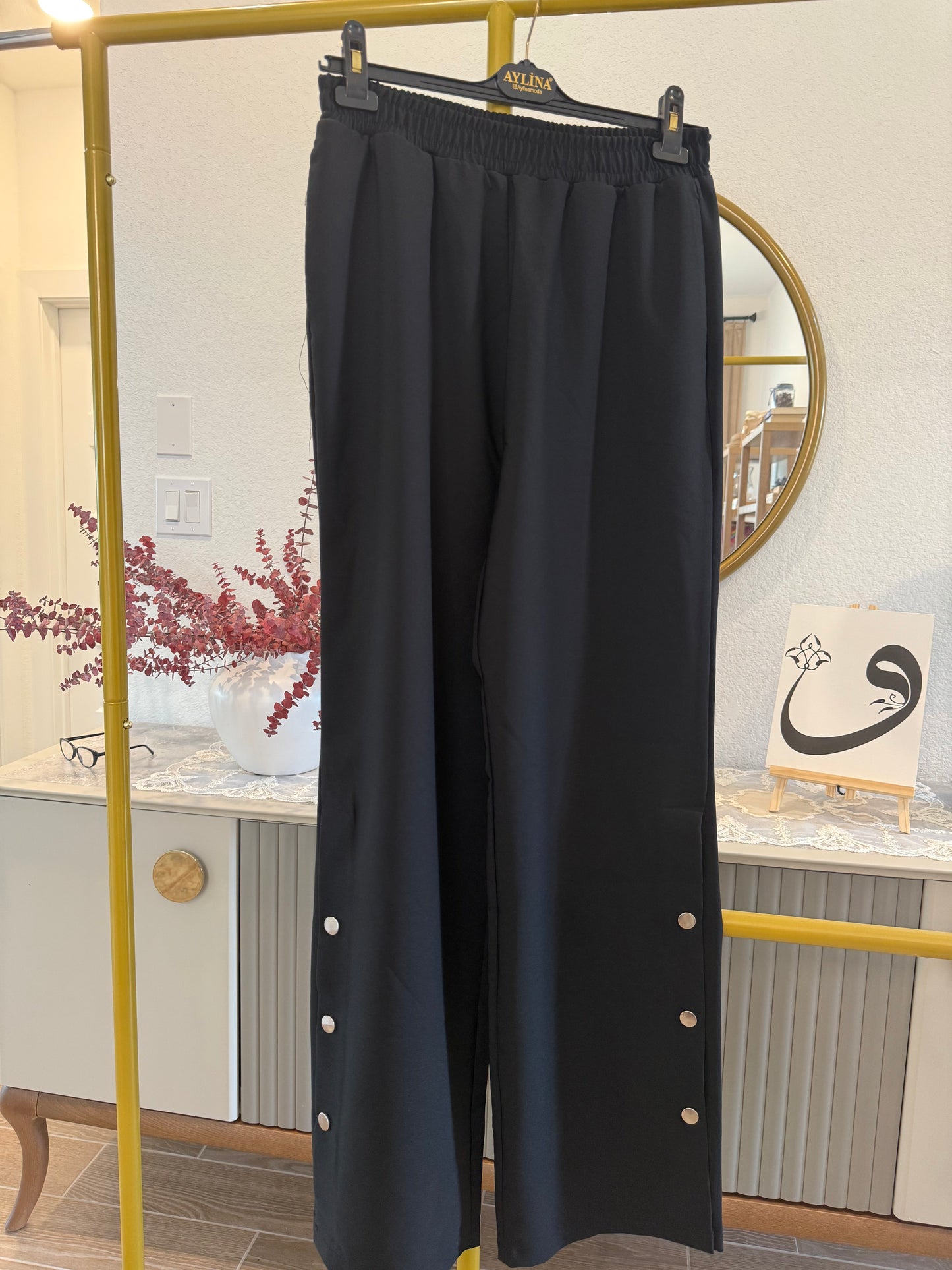 Black Wide-Leg Pants with Side Button Detail