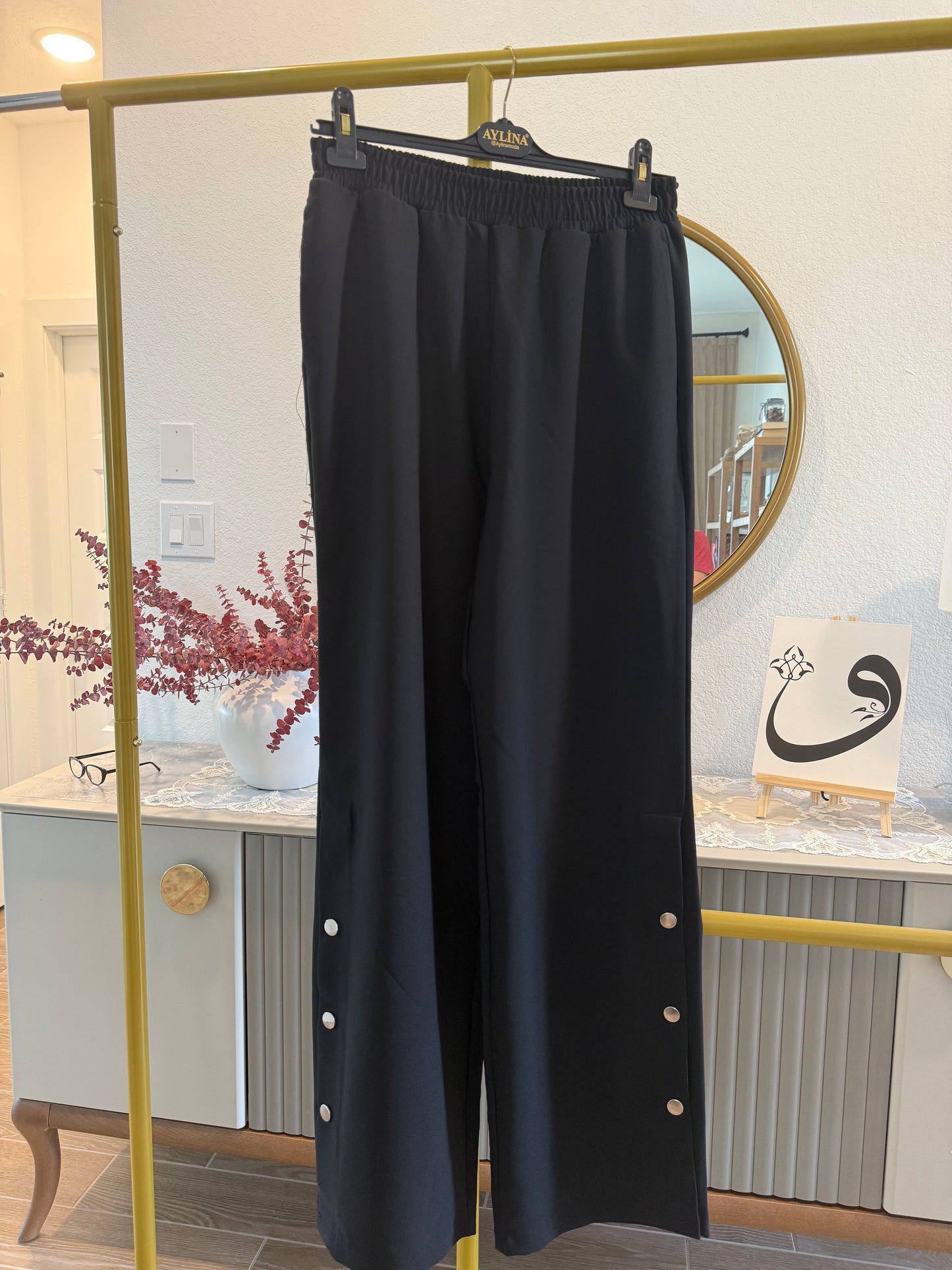 Black Wide-Leg Pants with Side Button Detail