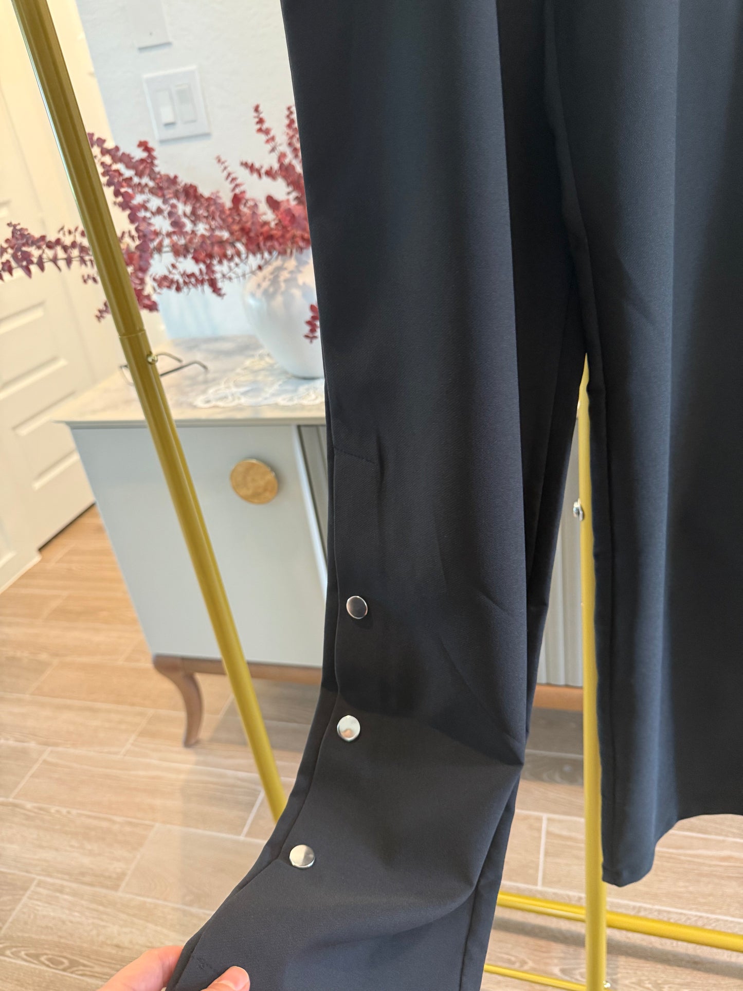 Black Wide-Leg Pants with Side Button Detail