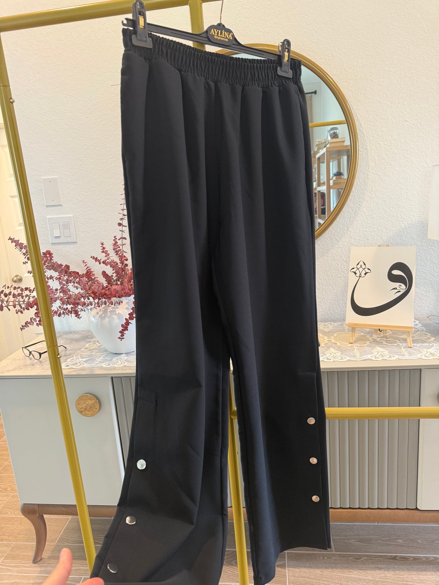 Black Wide-Leg Pants with Side Button Detail