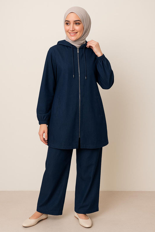Navy Blue Hooded Tunic with Zipper