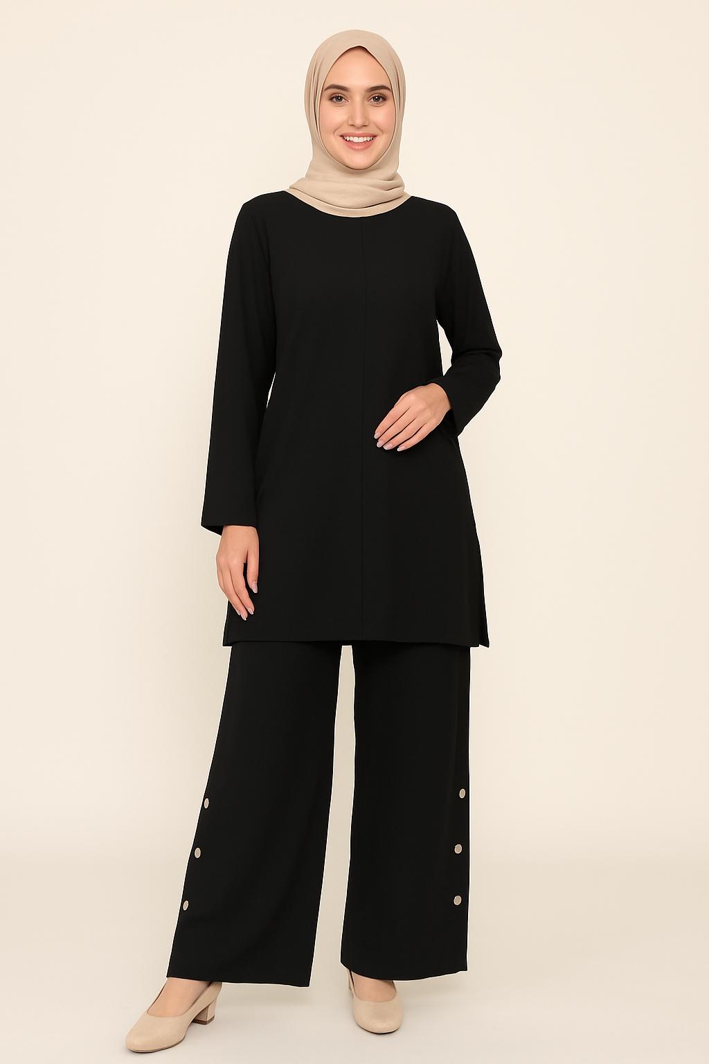 Black Wide-Leg Pants with Side Button Detail