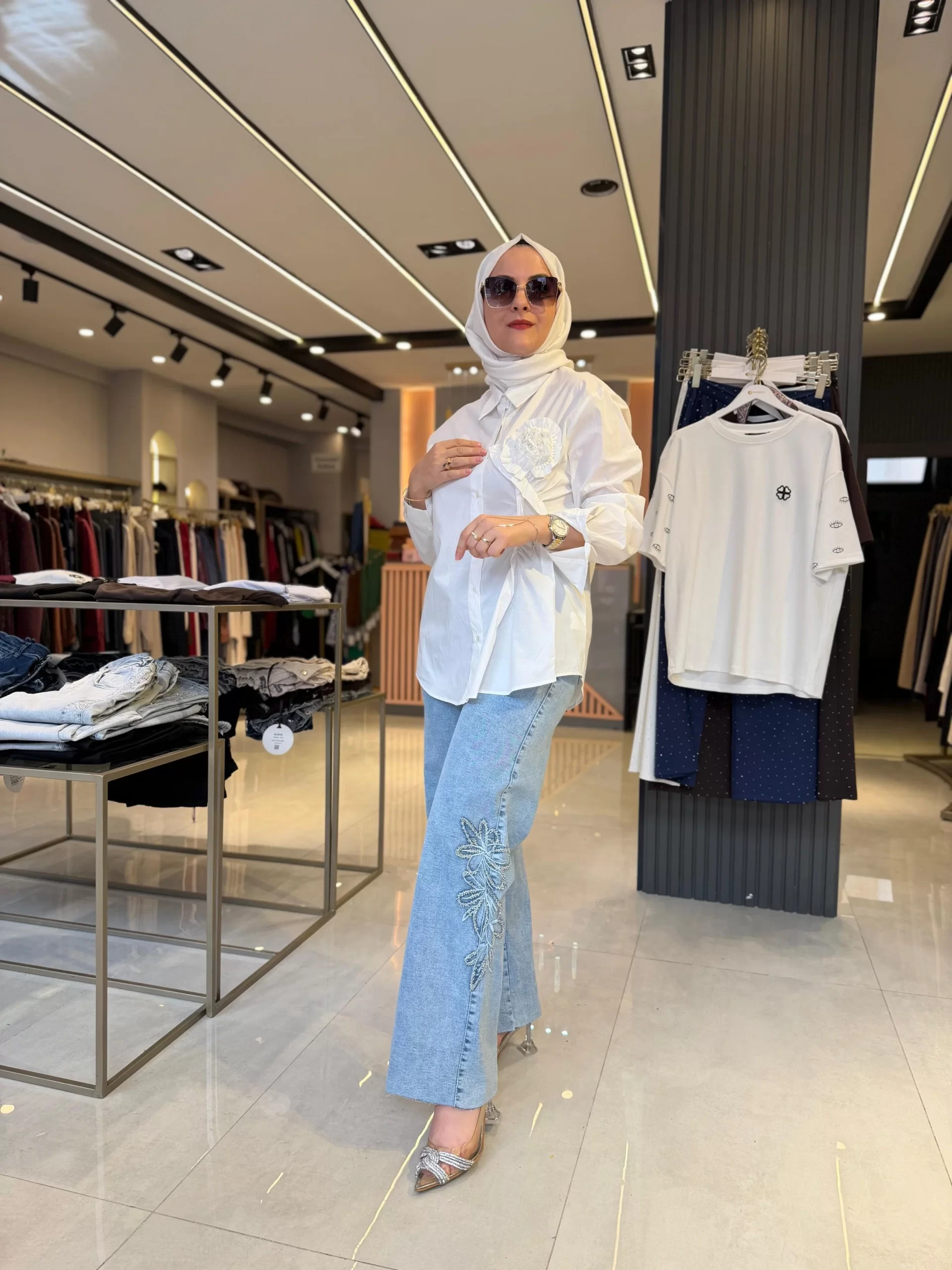Flower and Gem Embellished Jeans - Image 2